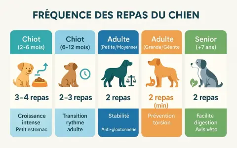 Le tableau indique combien de fois sortir un chien selon son âge et sa taille : 3-4 repas pour les chiots, 2-3 pour les plus grands, et 2 pour les adultes et seniors.