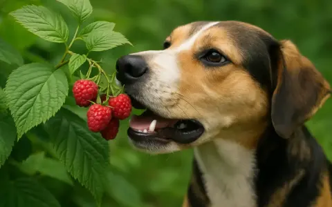Un chien curieux goûte une framboise fraîchement cueillie sur une branche verte.
