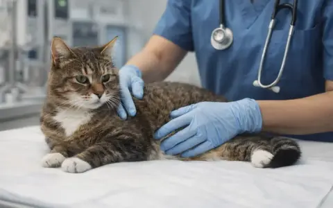 Un vétérinaire examine un chat, suggérant une discussion sur l'alimentation maison pour un chien en insuffisance rénale.