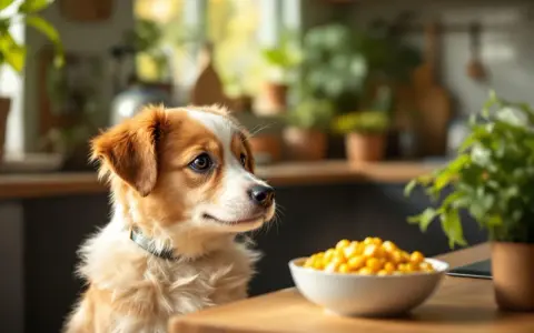 Un adorable chiot aux poils roux et blancs regarde avec envie un bol de maïs. Ce cher mais chien attend patiemment sa friandise.