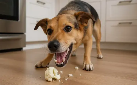 Un chien curieux renifle un chou-fleur tombé sur le sol de la cuisine.
