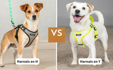 Chien brun et blanc avec un harnais en H, face à un chien blanc souriant portant un harnais en Y.