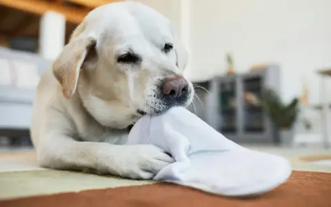 Un labrador blanc mordille une chaussette blanche, peut-être un signe de syndrome de pica.