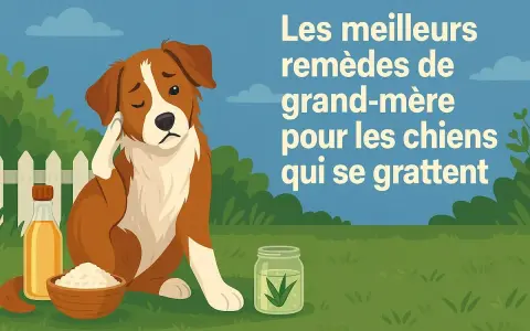 Un chien se gratte l'oreille, l'air contrarié. À côté, une bouteille d'huile, un bol de poudre et un bocal avec des herbes. Les meilleurs remèdes de grand-mère pour les chiens qui se grattent.