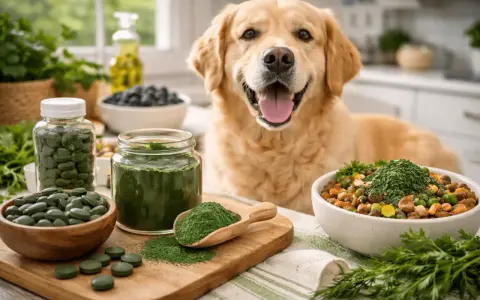 Un golden retriever heureux regarde des bols de nourriture pour chien, des comprimés et de la poudre de spiruline, suggérant une alimentation saine pour votre chien.