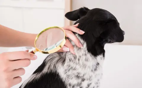 Une main examine le pelage d'un chien avec une loupe, cherchant des poux.