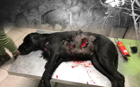 Un chien noir blessé sur une table d'opération, rappelant le danger d'un sanglier pour les chiens.