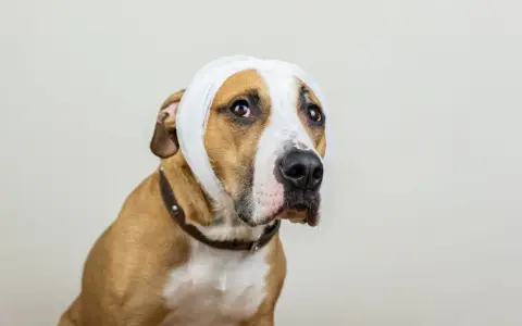 Un chien au pelage brun et blanc porte un bandage blanc autour de la tête, peut-être suite à un hématome. Il regarde tristement sur le côté.