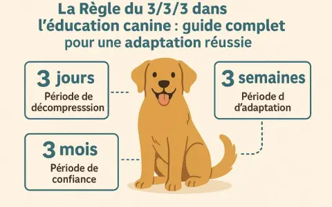 Un chien heureux illustre la règle du 3/3/3 pour l'éducation canine : 3 jours de décompression, 3 semaines d'adaptation, 3 mois de confiance.