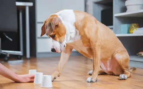 Un chien brun et blanc joue à un jeu de gobelets avec un humain. Il essaie de deviner où se trouve le jeu snack caché.