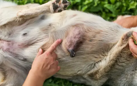 Un doigt pointe une tumeur sur le ventre d'un chien. Le chien est couché sur le dos, sur de l'herbe verte.