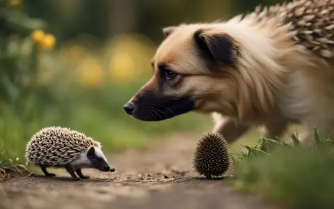 Un chien curieux observe un hérisson sur un chemin. Le hérisson, petit et épineux, semble intrigué par le grand canidé.
