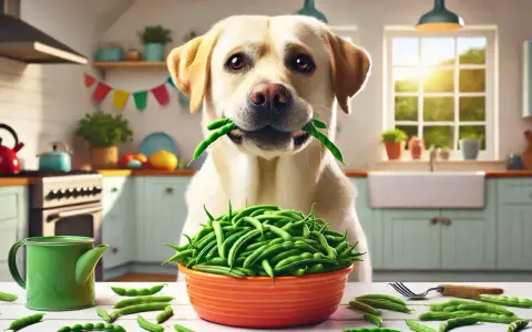 Un chien labrador tient des haricots verts dans sa gueule, devant un bol rempli de haricots verts.