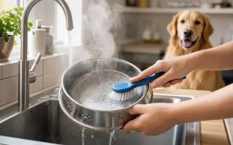 Nettoyage d'une gamelle d'eau de voyage pour chien, sous un robinet d'eau chaude. Un Golden Retriever attend patiemment.