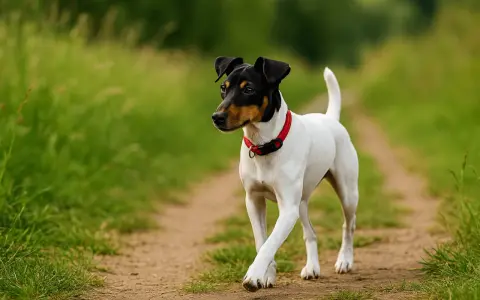 Un petit chien blanc et noir, portant un collier rouge, se promène sur un sentier. Il semble explorer son environnement, peut-être en attendant de retrouver sa crèche pour chien.