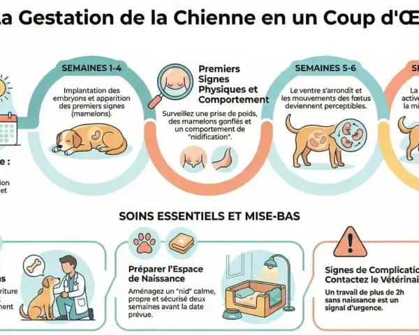 La gestation chien dure 63 jours en moyenne. L'image détaille les étapes, les signes physiques et les soins essentiels pour la chienne gestante.