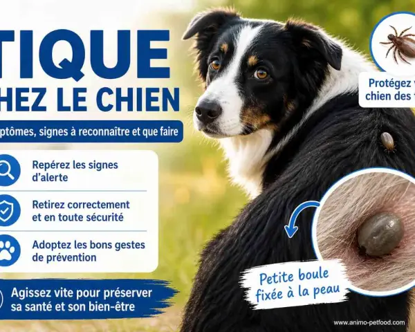 Un chien avec une mini tique fixée à sa peau. L'image explique comment reconnaître et retirer les tiques pour protéger votre animal.