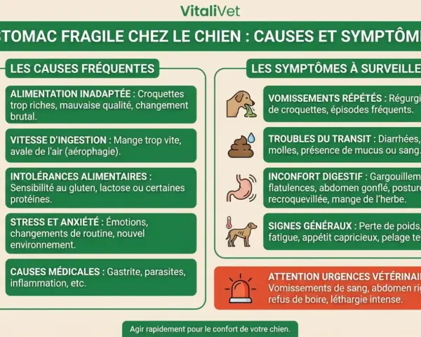 Infographie sur l'estomac fragile du chien : causes (alimentation, stress, etc.) et symptômes (vomissements, troubles du transit). Attention aux urgences vétérinaires.