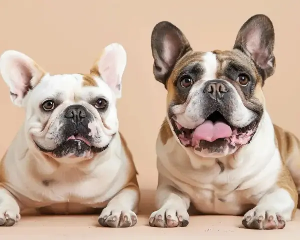 Deux adorables chiens brachycéphales, un blanc et fauve, l'autre tricolore, posent ensemble, leurs grandes oreilles dressées et leurs visages expressifs.