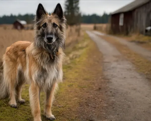 Un magnifique berger belge, au pelage fauve et gris, se tient fièrement sur un chemin de terre. Derrière lui, une grange rustique et des champs dorés évoquent la campagne.