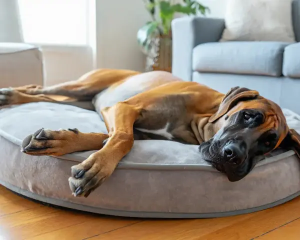 Un grand chien brun se repose sur un panier moelleux. La taille du panier est parfaite pour qu'il s'étire confortablement.