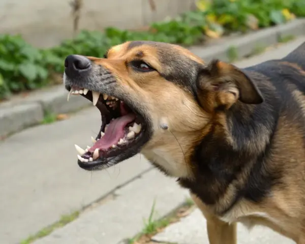 Gros plan sur un chien en colère, gueule ouverte, montrant ses crocs acérés. Il aboie fort, prêt à défendre son territoire.