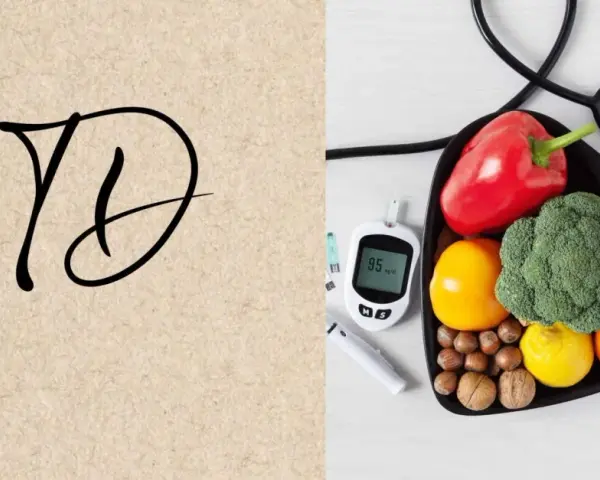 Légumes et fruits sains pour un chien diabétique : brocoli, poivron, pomme, mandarine. Glucomètre et stéthoscope à proximité.