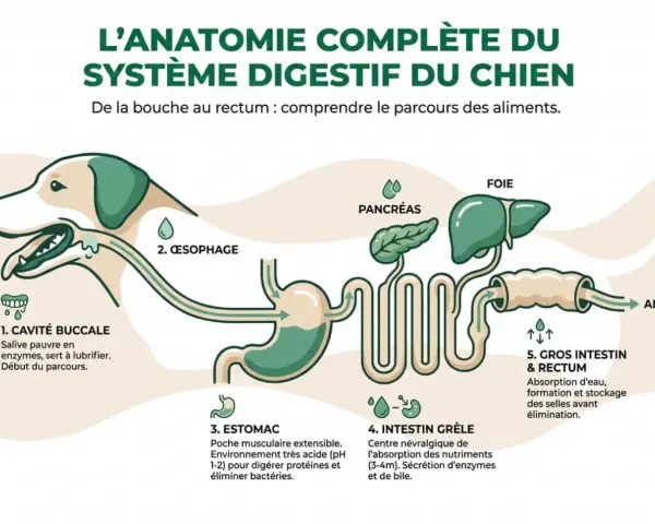 Schéma du système digestif du chien, de la cavité buccale à l'anus, expliquant le parcours des aliments. Comprend l'estomac, l'intestin grêle, le foie, le pancréas et le gros intestin.
