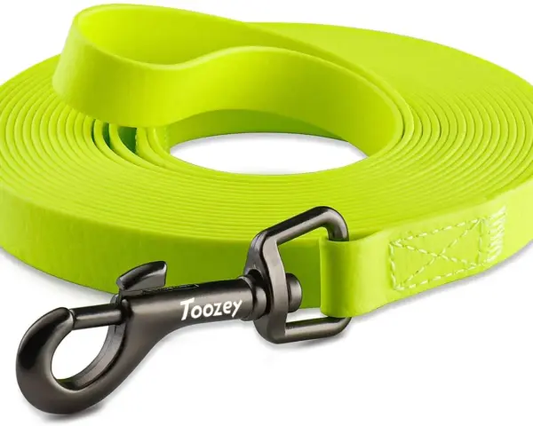 Laisse de chien verte fluo de 10m, avec mousqueton noir. Idéale pour les promenades et l'éducation de votre compagnon.