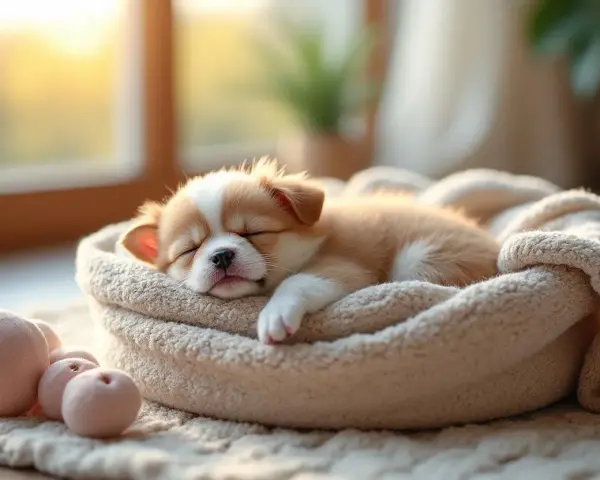 Un adorable chiot de 2 mois profite d'un profond temps sommeil, blotti dans son panier douillet, bercé par la lumière du soleil.