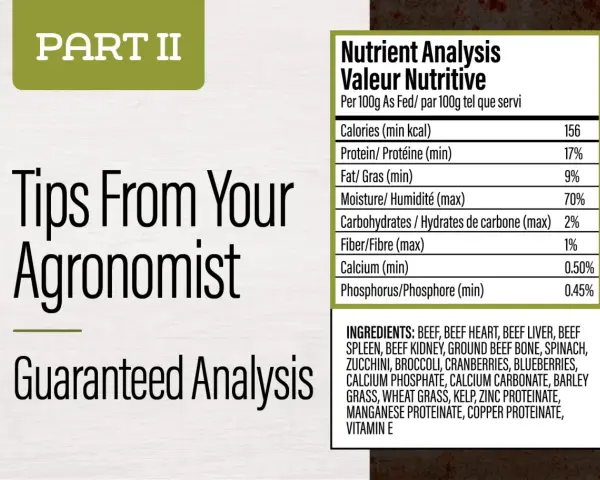 Analyse nutritive d'un aliment pour animaux, indiquant 17% de protéine brute, avec des conseils d'agronome.