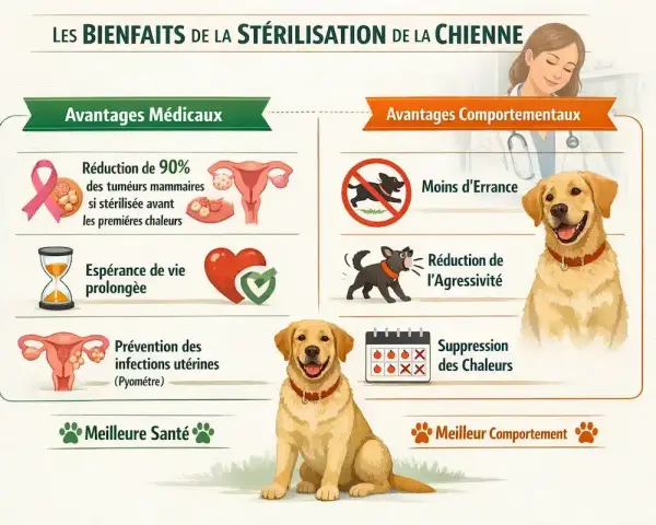 Les bienfaits de la stérilisation chien : réduction des tumeurs, espérance de vie prolongée, moins d'errance et d'agressivité.