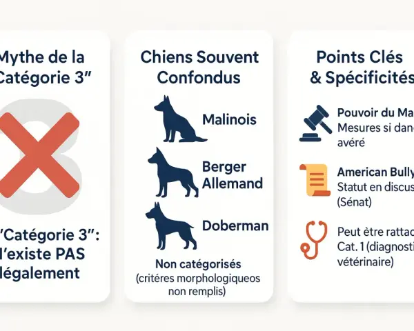 Le malinois, souvent confondu, n'est pas légalement en "Catégorie 3". L'image clarifie les mythes et les spécificités.