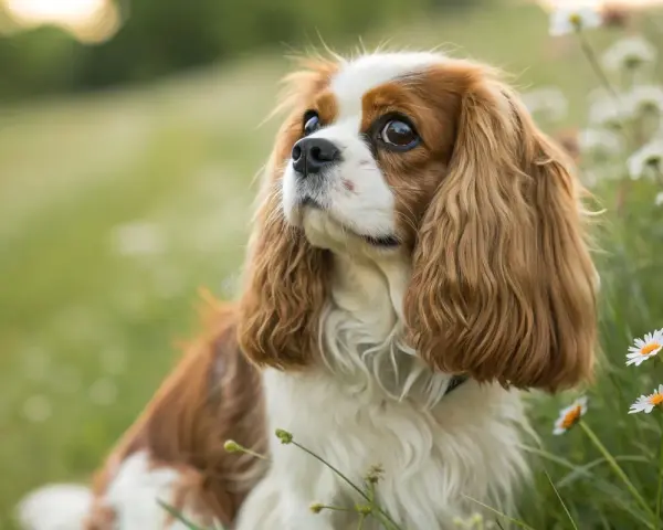 Un adorable chien longue oreille, au pelage brun et blanc, est assis dans un champ de marguerites, le regard plein de douceur.