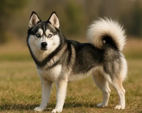 Un Pomsky aux yeux bleus perçants, le poil épais et la queue en panache, incarne le caractère joueur et curieux de sa race.