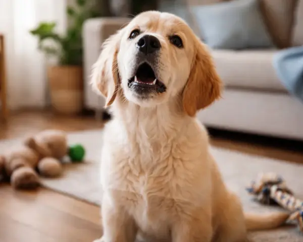 Un adorable chiot golden retriever, avec sa gueule ouverte, semble faire un petit bruit de chiot. Des jouets sont éparpillés autour de lui.