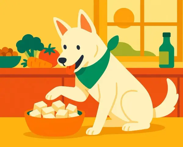 Un chien blanc avec un foulard vert prend un cube de yaourt de soja dans un bol. Des légumes sont sur le comptoir.
