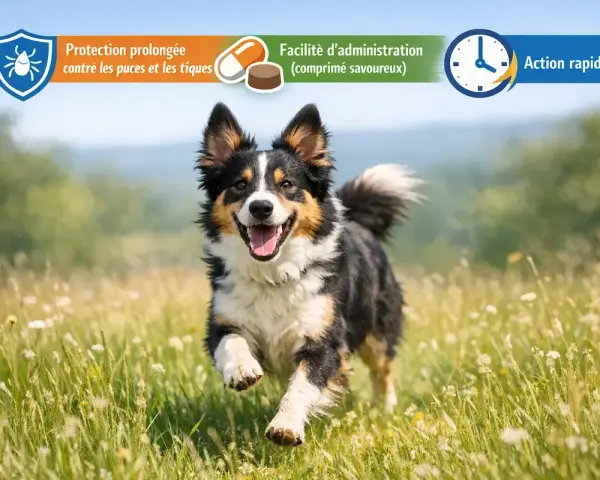 Un berger australien joyeux court dans un champ fleuri, protégé par Bravecto.