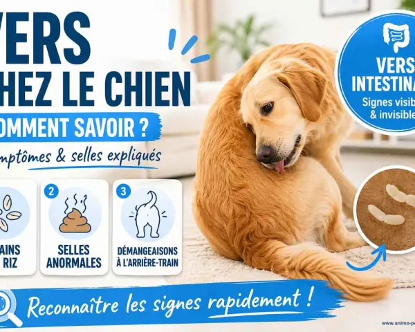 Un chien golden retriever se lèche le flanc, l'image explique les signes de vers chez le chien : grains de riz, selles anormales, démangeaisons.