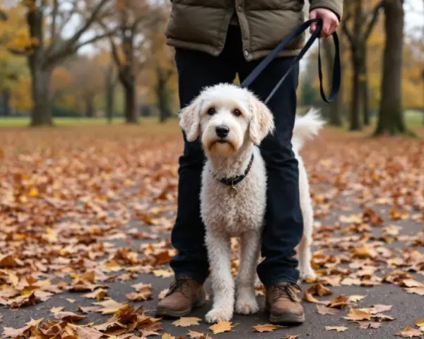 Un chien blanc et doux profite d'une promenade dans un parc automnal, entouré de feuilles tombées.