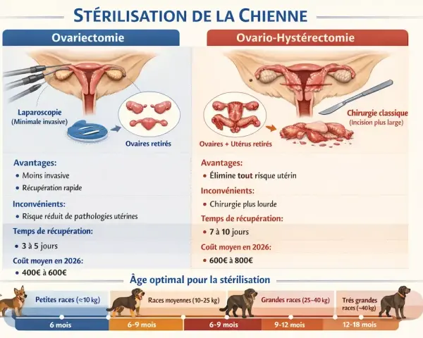 Comparaison des méthodes de stérilisation canine : ovariectomie et ovario-hystérectomie. Illustration des procédures, avantages, inconvénients et âge idéal pour la reproduction.