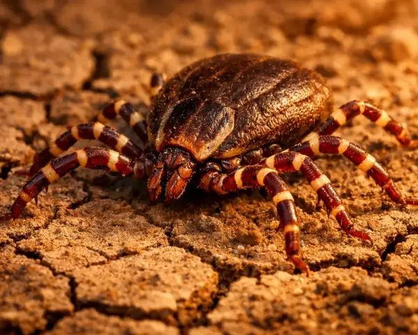 Gros plan sur une tique géante aux pattes rayées, rampant sur un sol craquelé et sec.