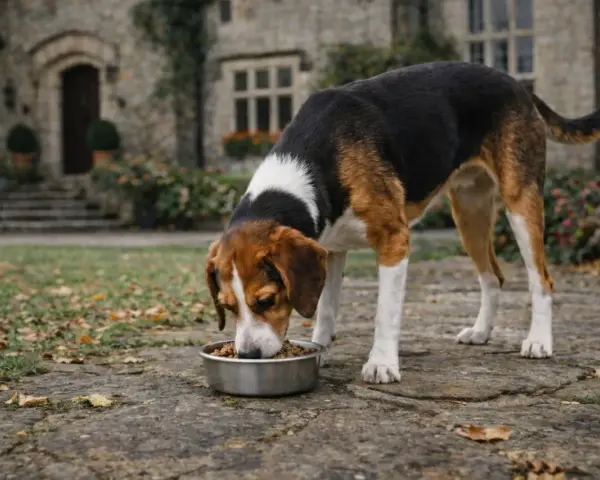 Chien tricolore savoure sa gamelle, peut-être enrichie de graisse de canard pour chien, devant un manoir.