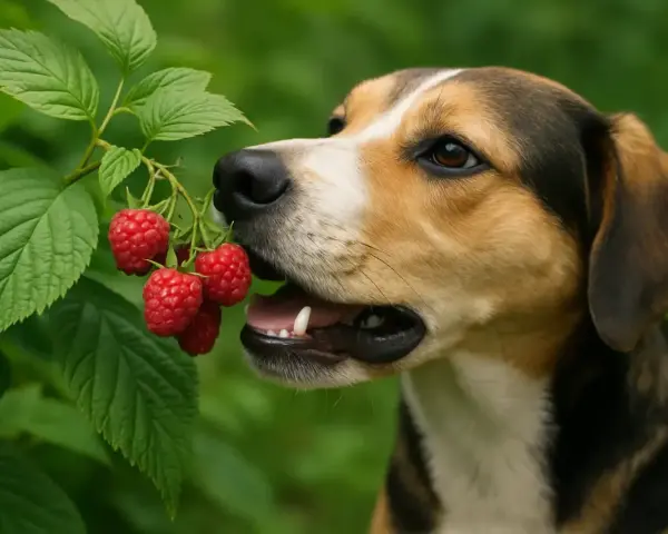 Un chien curieux goûte une framboise fraîchement cueillie sur une branche verte.