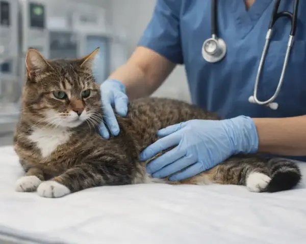 Un vétérinaire examine un chat, suggérant une discussion sur l'alimentation maison pour un chien en insuffisance rénale.