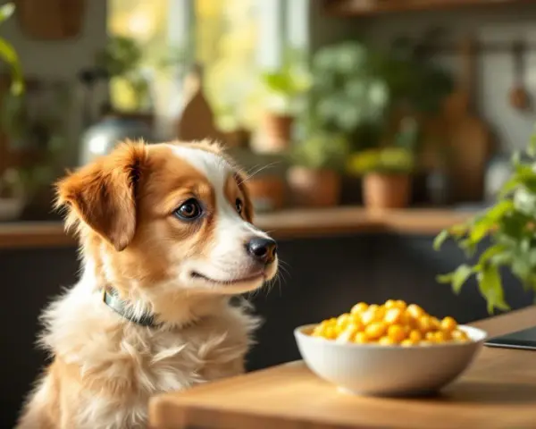 Un adorable chiot aux poils roux et blancs regarde avec envie un bol de maïs. Ce cher mais chien attend patiemment sa friandise.
