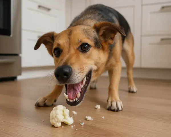 Un chien curieux renifle un chou-fleur tombé sur le sol de la cuisine.