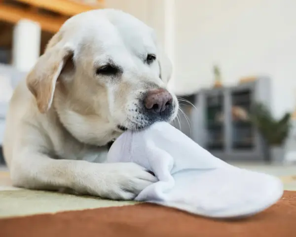 Un labrador blanc mordille une chaussette blanche, peut-être un signe de syndrome de pica.