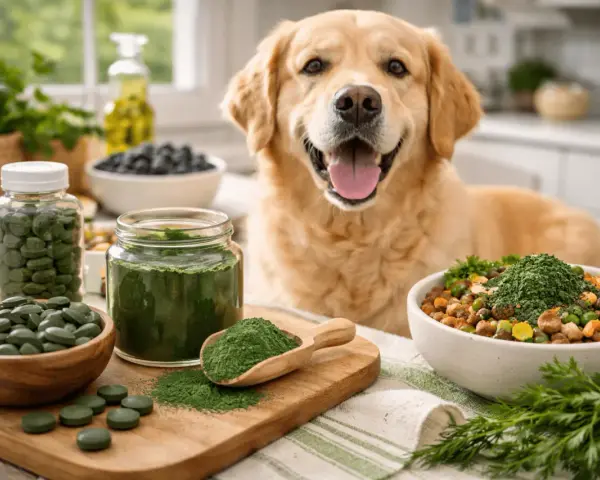Un golden retriever heureux regarde des bols de nourriture pour chien, des comprimés et de la poudre de spiruline, suggérant une alimentation saine pour votre chien.