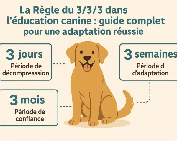 Un gros chien doré, souriant, est au centre d'une illustration expliquant la règle du 3/3/3 pour l'éducation canine : 3 jours de décompression, 3 semaines d'adaptation, 3 mois de confiance.